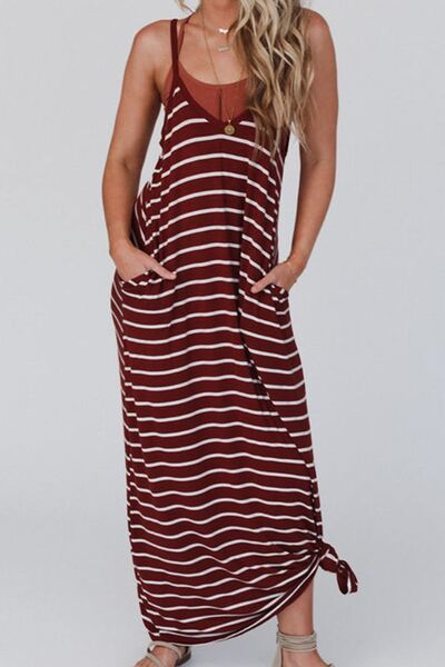 Pocketed Striped Scoop Neck Maxi Cami Dress BLUE ZONE PLANET