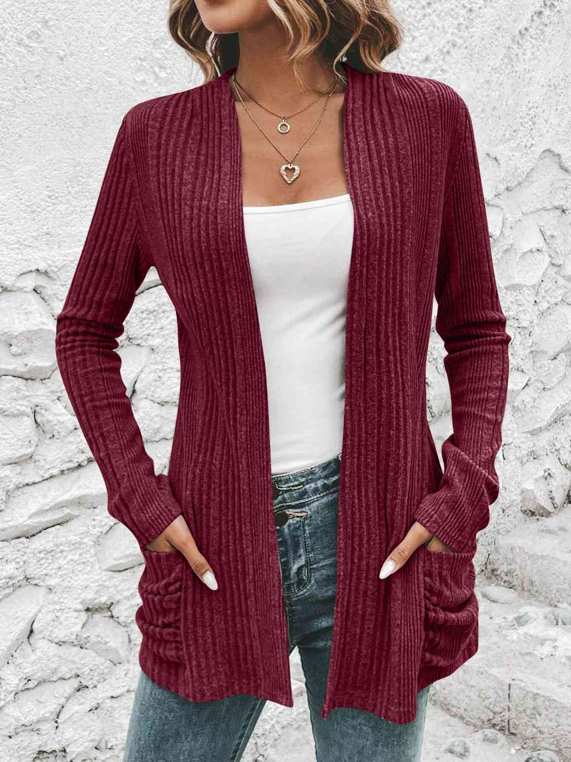 Ribbed Open Front Cardigan with Pockets BLUE ZONE PLANET