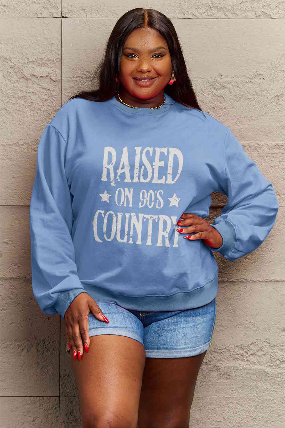 Simply Love Full Size RAISED ON 90'S COUNTRY Graphic Sweatshirt BLUE ZONE PLANET