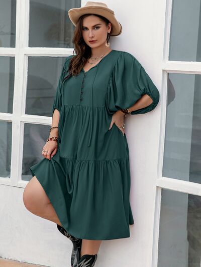 Plus Size Tie Neck Balloon Sleeve Midi Dress BLUE ZONE PLANET