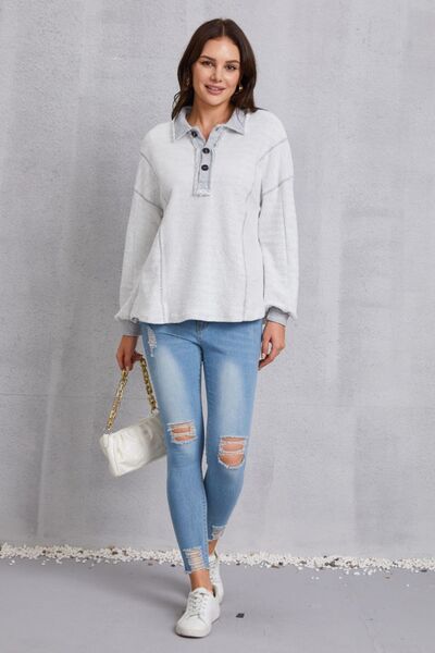 Half Button Dropped Shoulder Sweatshirt Trendsi