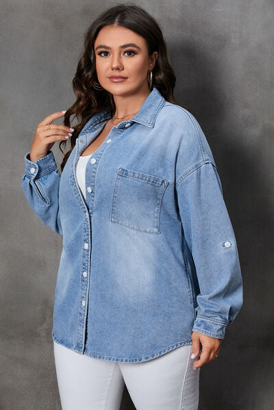 Blue Zone Planet |  Plus Size Button Up Pocketed Denim Top BLUE ZONE PLANET