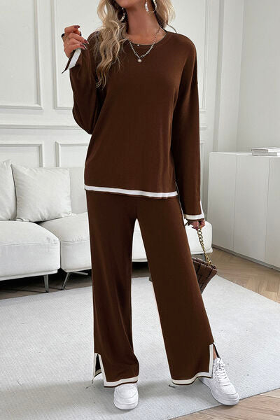 Contrast Trim Round Neck Top and Pants Set-TOPS / DRESSES-[Adult]-[Female]-Chestnut-S-2022 Online Blue Zone Planet