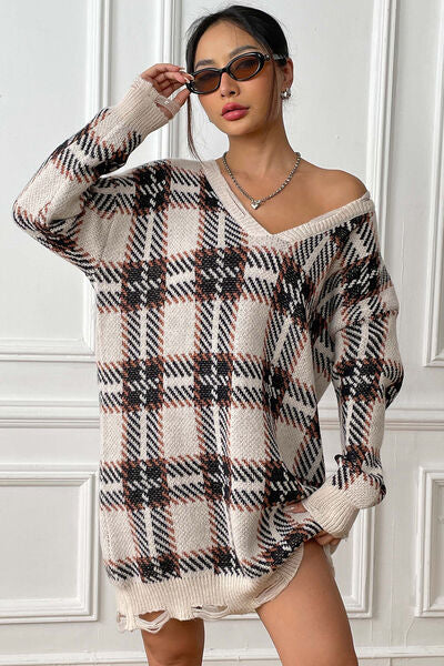 Plaid V-Neck Long Sleeve Sweater Dress BLUE ZONE PLANET