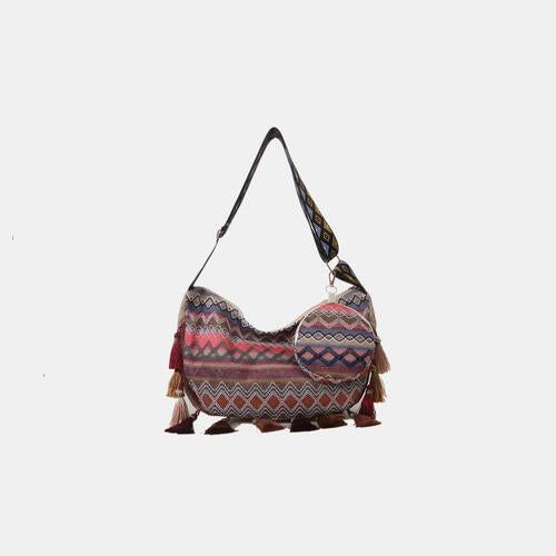 Printed Tassel Detail Crossbody Bag with Small Purse BLUE ZONE PLANET