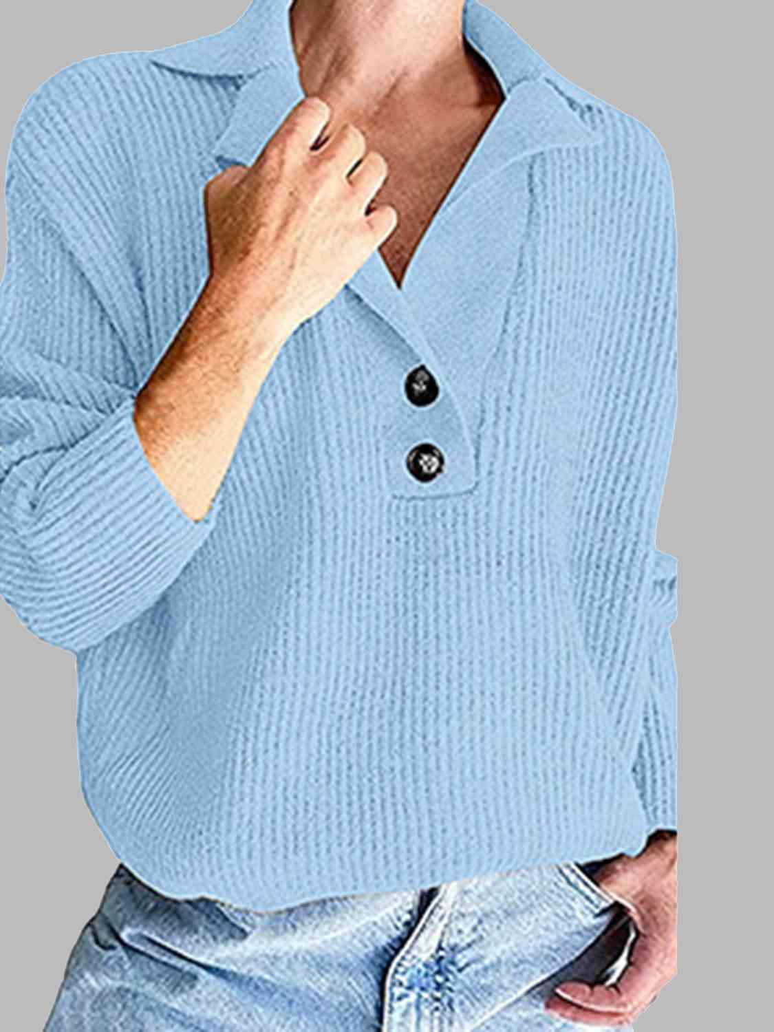 Collared Neck Half Button Knit Top BLUE ZONE PLANET