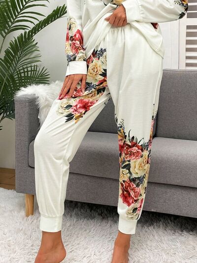 Printed Round Neck Top and Drawstring Pants Lounge Set Trendsi