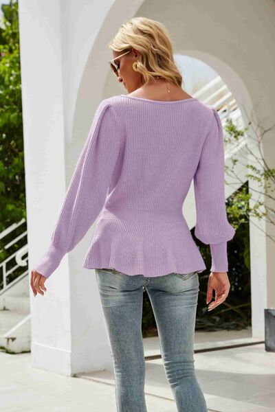 Ribbed Round Neck Lantern Sleeve Sweater Trendsi