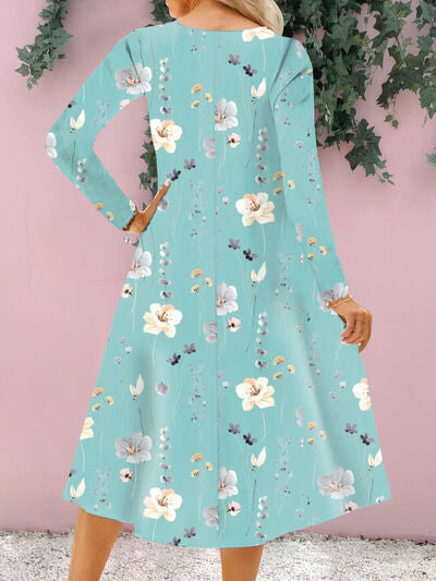 Floral Notched Long Sleeve Midi Dress BLUE ZONE PLANET