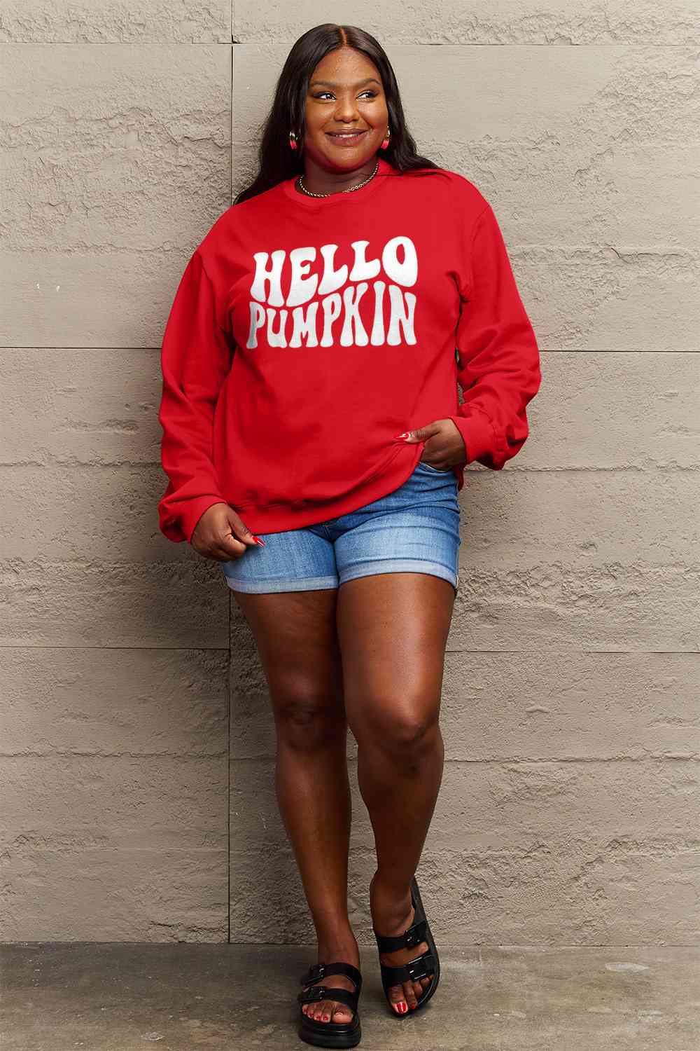 Simply Love Full Size HELLO PUMPKIN Graphic Sweatshirt BLUE ZONE PLANET