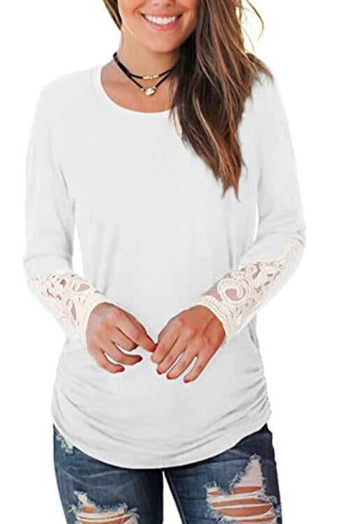 Lace Detail Long Sleeve Round Neck T-Shirt BLUE ZONE PLANET