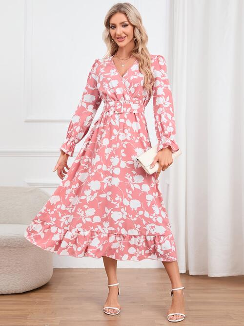 Floral Surplice Flounce Sleeve Ruffle Hem Dress BLUE ZONE PLANET