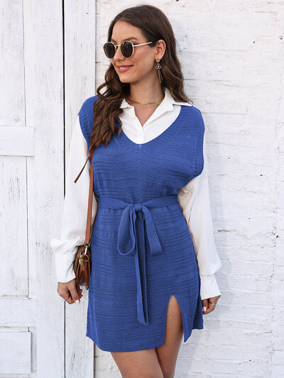 Tie Front V-Neck Sleeveless Slit Sweater Dress BLUE ZONE PLANET