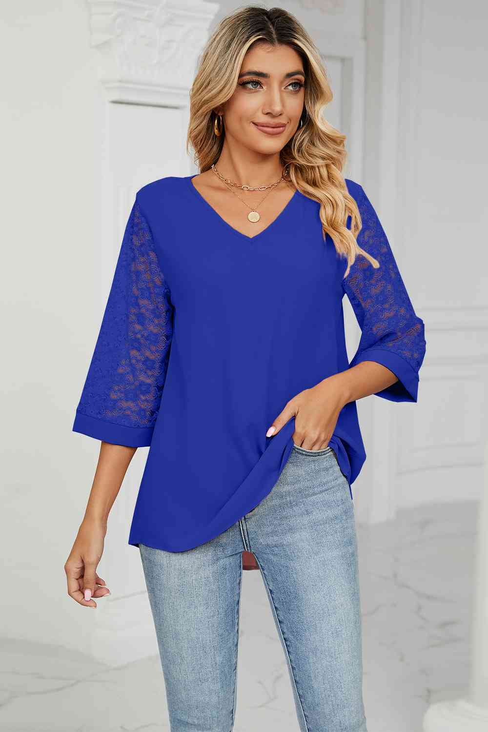 V-Neck Three-Quarter Sleeve Top BLUE ZONE PLANET