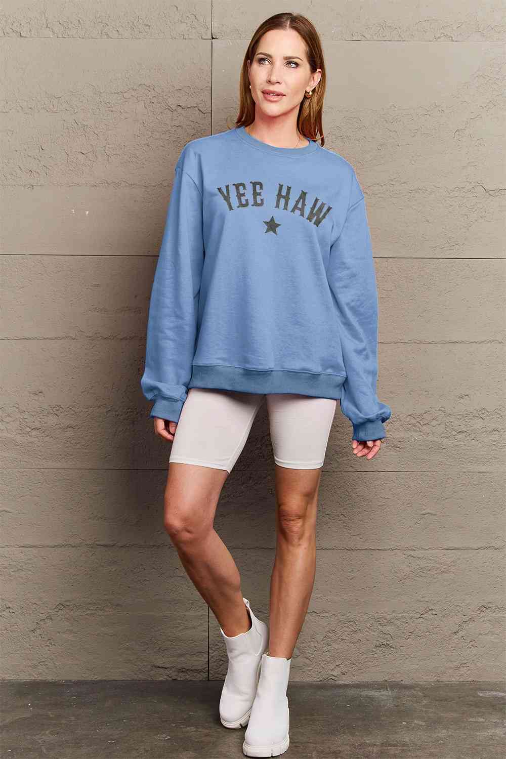 Simply Love Full Size YEEHAW Graphic Round Neck Sweatshirt BLUE ZONE PLANET