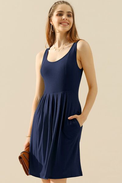 Doublju Full Size Round Neck Ruched Sleeveless Dress with Pockets BLUE ZONE PLANET