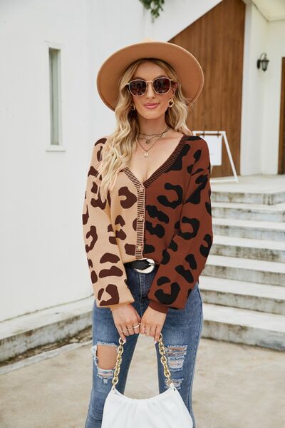 Leopard Button Up Dropped Shoulder Cardigan Trendsi