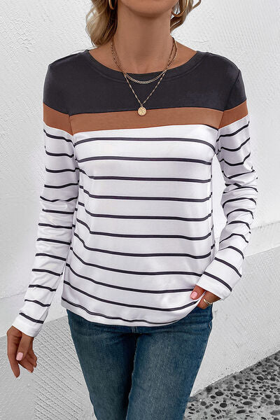 Blue Zone Planet |  Striped Round Neck Long Sleeve T-Shirt BLUE ZONE PLANET