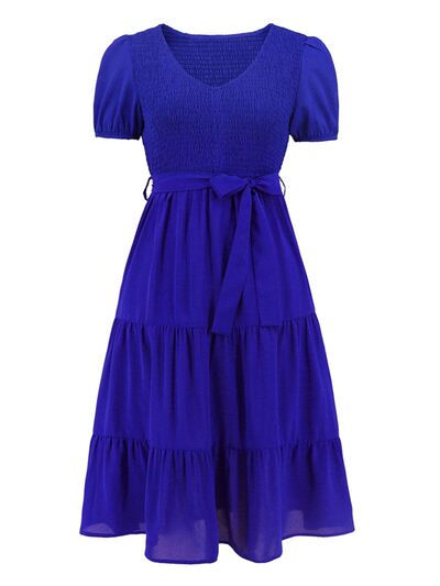 Blue Zone Planet |  Smocked Tie Front Short Sleeve Tiered Dress BLUE ZONE PLANET