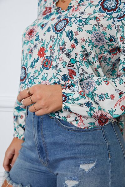 Floral Notched Long Sleeve Blouse BLUE ZONE PLANET