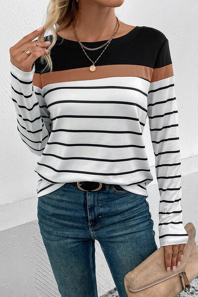 Blue Zone Planet |  Striped Round Neck Long Sleeve T-Shirt BLUE ZONE PLANET