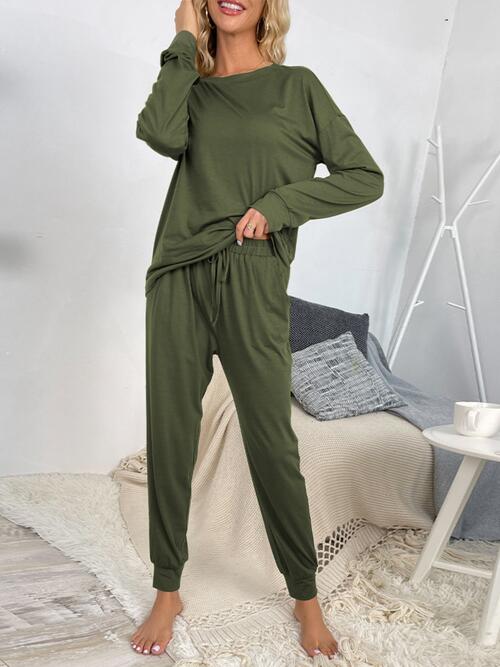 Round Neck Top and Drawstring Pants Lounge Set BLUE ZONE PLANET