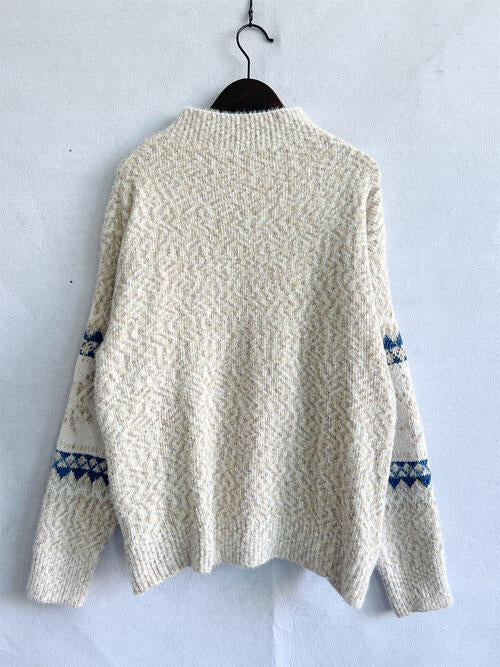 Geometric Mock Neck Dropped Shoulder Sweater BLUE ZONE PLANET