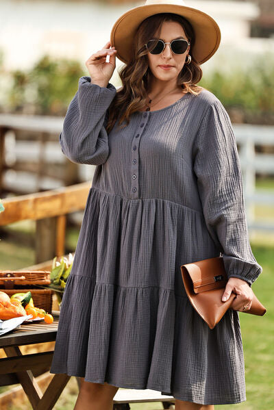 Plus Size Textured Balloon Sleeve Tiered Dress BLUE ZONE PLANET