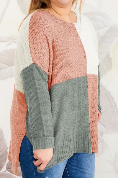 Plus Size Color Block Round Neck Sweater-TOPS / DRESSES-[Adult]-[Female]-2022 Online Blue Zone Planet
