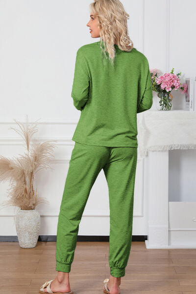 Round Neck Top and Drawstring Pants Lounge Set Trendsi