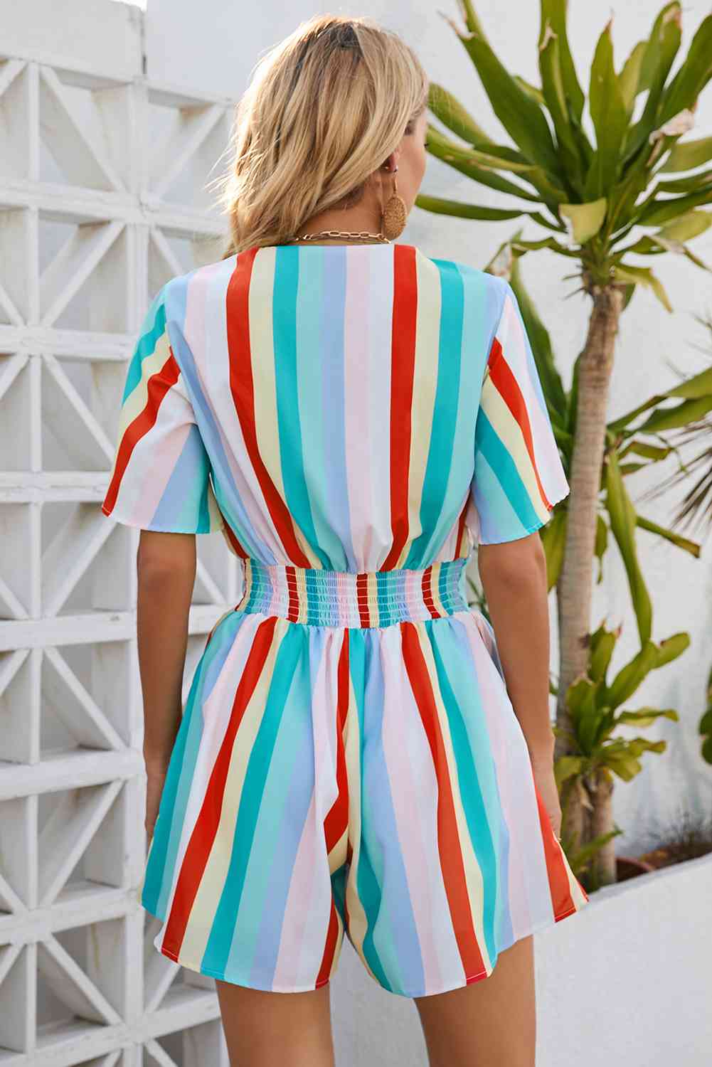 Striped Tie Front Romper BLUE ZONE PLANET