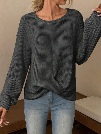 Twisted Waffle-Knit Dropped Shoulder T-Shirt Trendsi