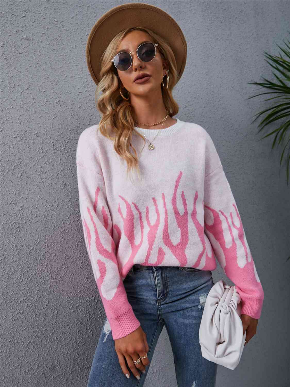 Printed Round Neck Long Sleeve Sweater BLUE ZONE PLANET