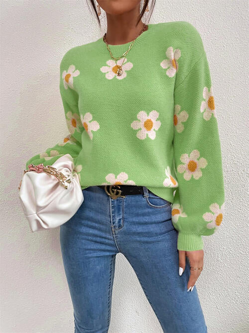 Flower Round Neck Latern Sleeve Sweater BLUE ZONE PLANET