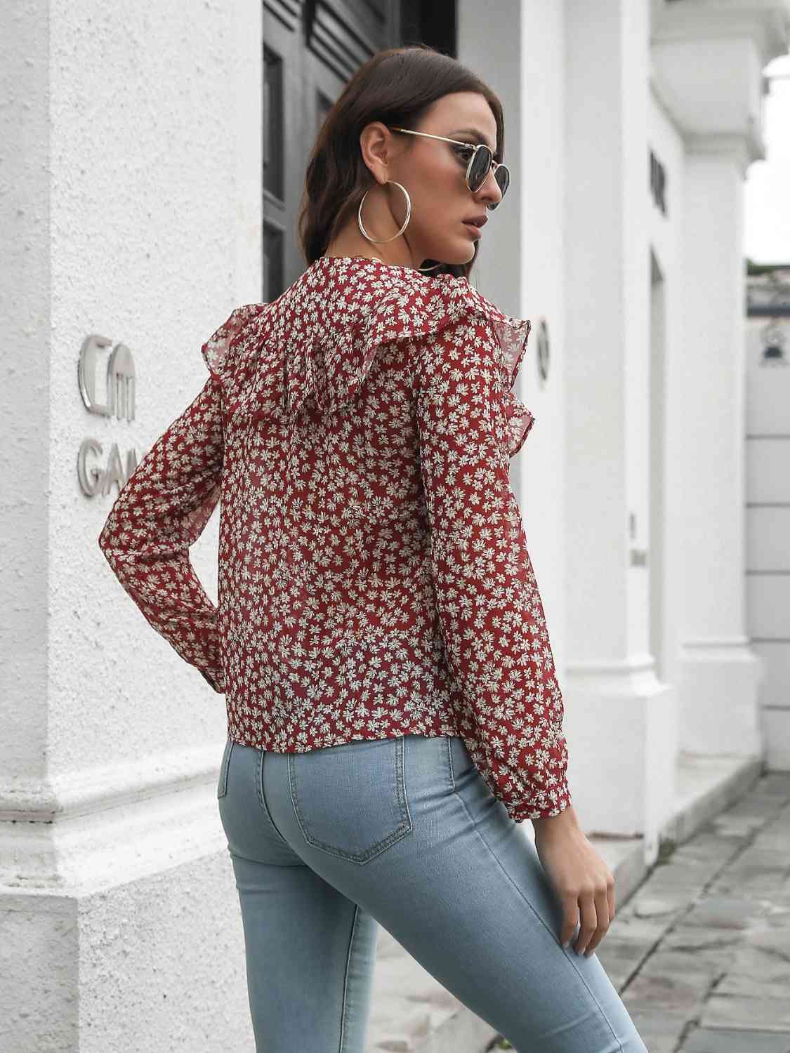 Printed Statement Collar Long Sleeve Blouse BLUE ZONE PLANET