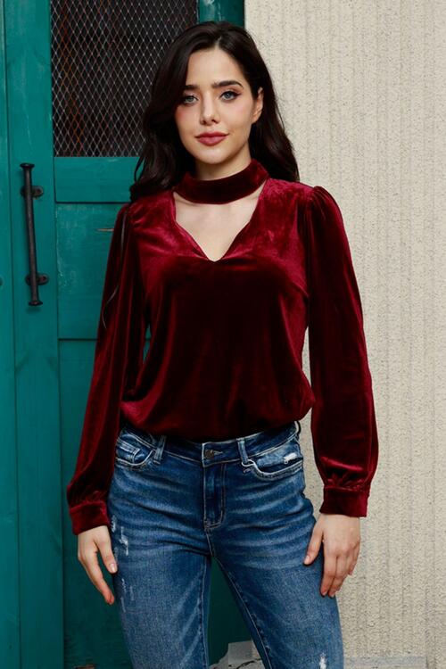 Cutout Puff Sleeve Velvet Blouse BLUE ZONE PLANET