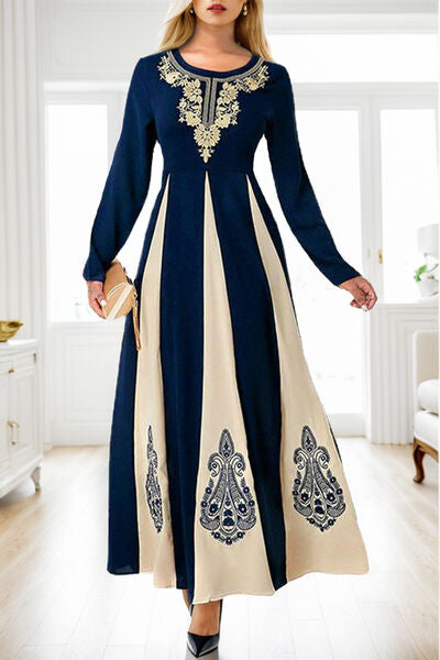 Printed Round Neck Long Sleeve Maxi Dress-TOPS / DRESSES-[Adult]-[Female]-2022 Online Blue Zone Planet