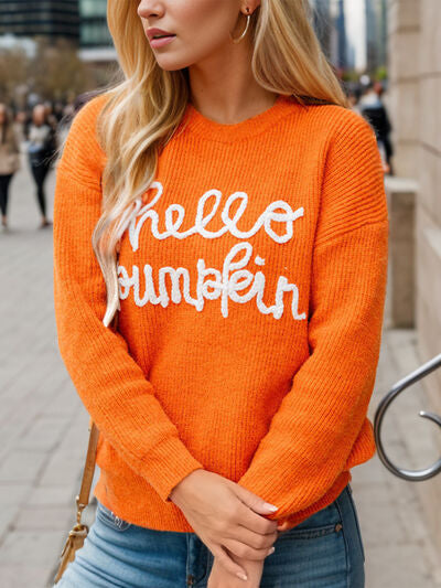 Full Size HELLO PUMPKIN Dropped Shoulder Sweater BLUE ZONE PLANET