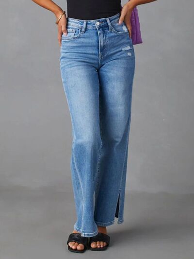 Slit Buttoned Jeans with Pockets BLUE ZONE PLANET