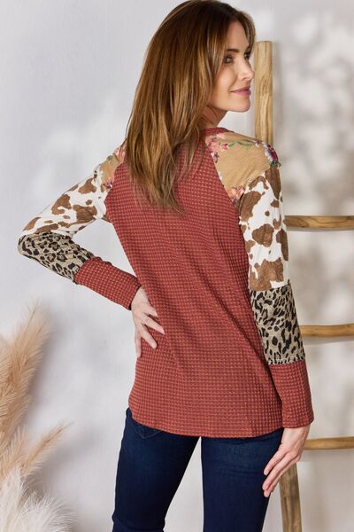 Hailey & Co Full Size Leopard Waffle-Knit Blouse Trendsi