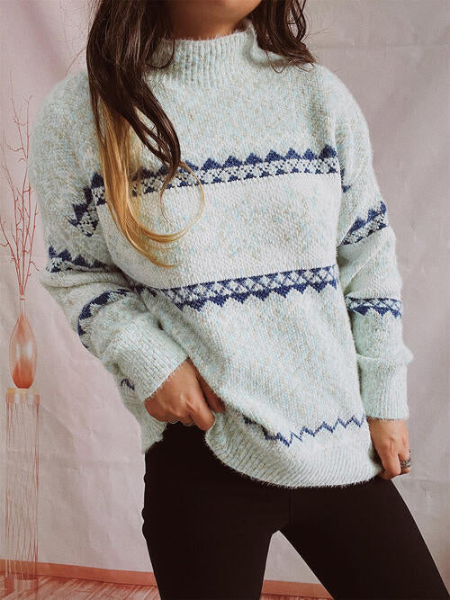 Geometric Mock Neck Dropped Shoulder Sweater BLUE ZONE PLANET