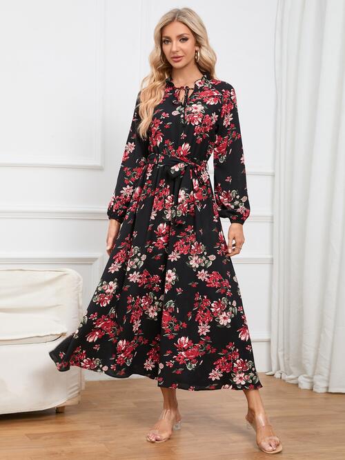 Floral Tie Front Balloon Sleeve Dress BLUE ZONE PLANET