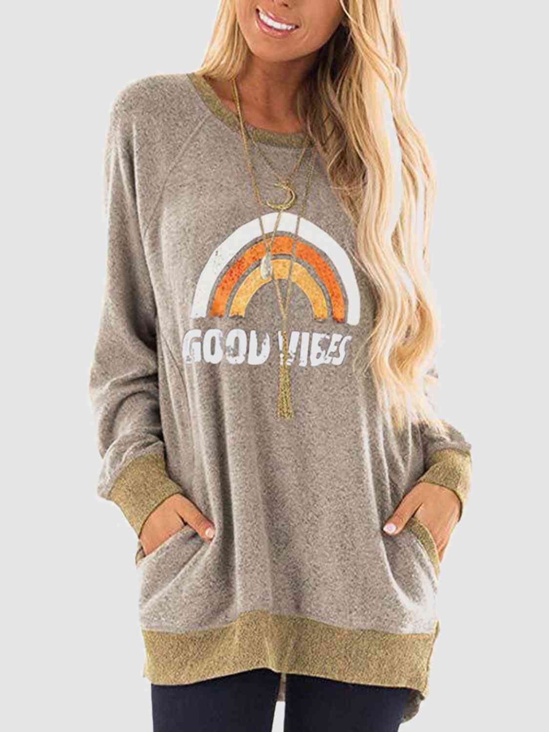 Rainbow Graphic Round Neck Sweatshirt with Pockets BLUE ZONE PLANET