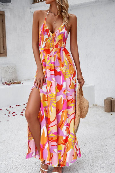 Smocked Slit Tied Printed Dress Trendsi