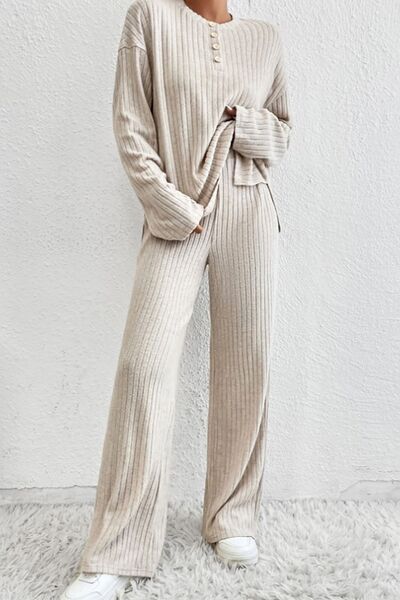 Ribbed Half Button Knit Top and Pants Set-TOPS / DRESSES-[Adult]-[Female]-Light Gray-S-2022 Online Blue Zone Planet