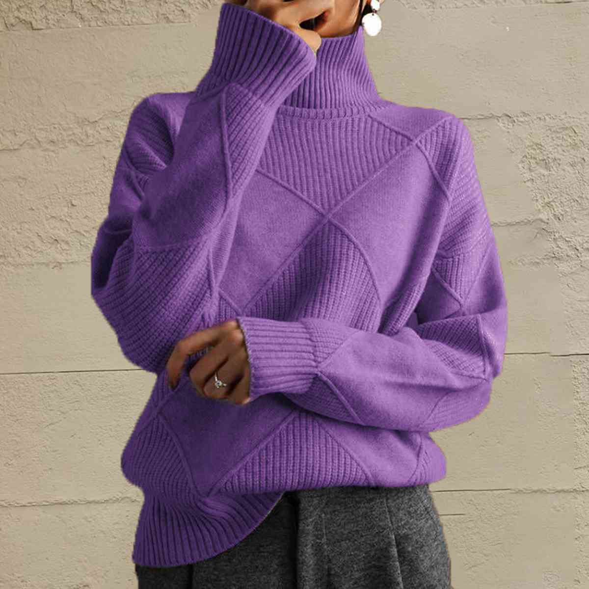 Geometric Turtleneck Long Sleeve Sweater BLUE ZONE PLANET