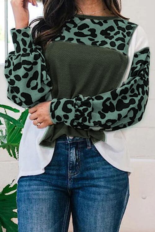 Leopard Color Block Exposed Seam Blouse BLUE ZONE PLANET