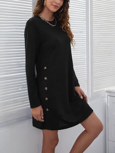 Decorative Button Round Neck Dress-TOPS / DRESSES-[Adult]-[Female]-2022 Online Blue Zone Planet