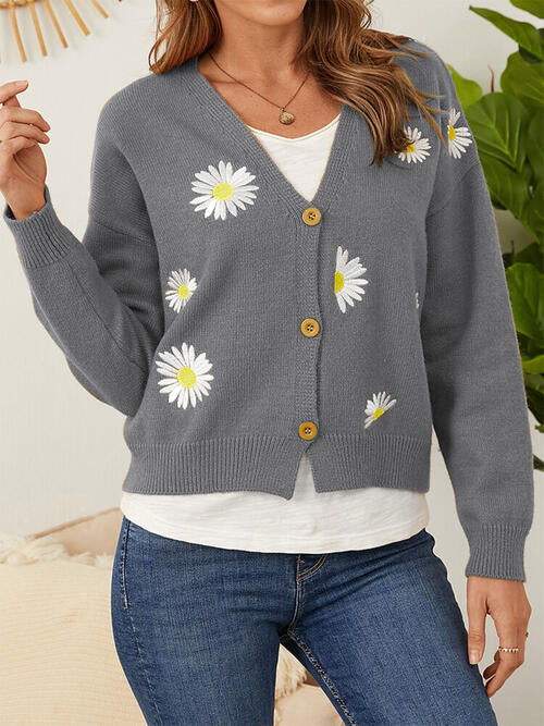 Flower Button Front Dropped Shoulder Cardigan BLUE ZONE PLANET