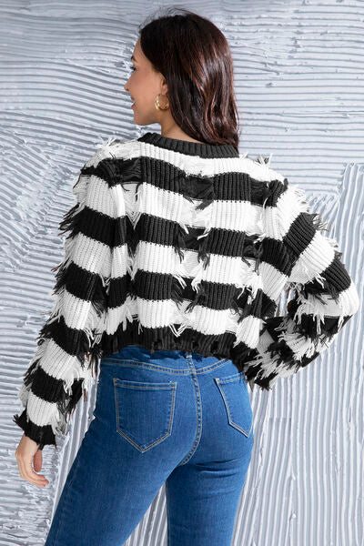 Striped Fringe Round Neck Sweater-TOPS / DRESSES-[Adult]-[Female]-2022 Online Blue Zone Planet